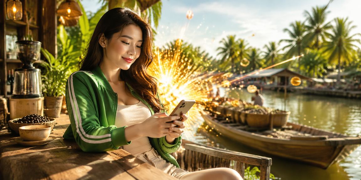 Người chơi tại Việt Nam thư giãn với điện thoại và cà phê, thể hiện trải nghiệm giải trí cân bằng